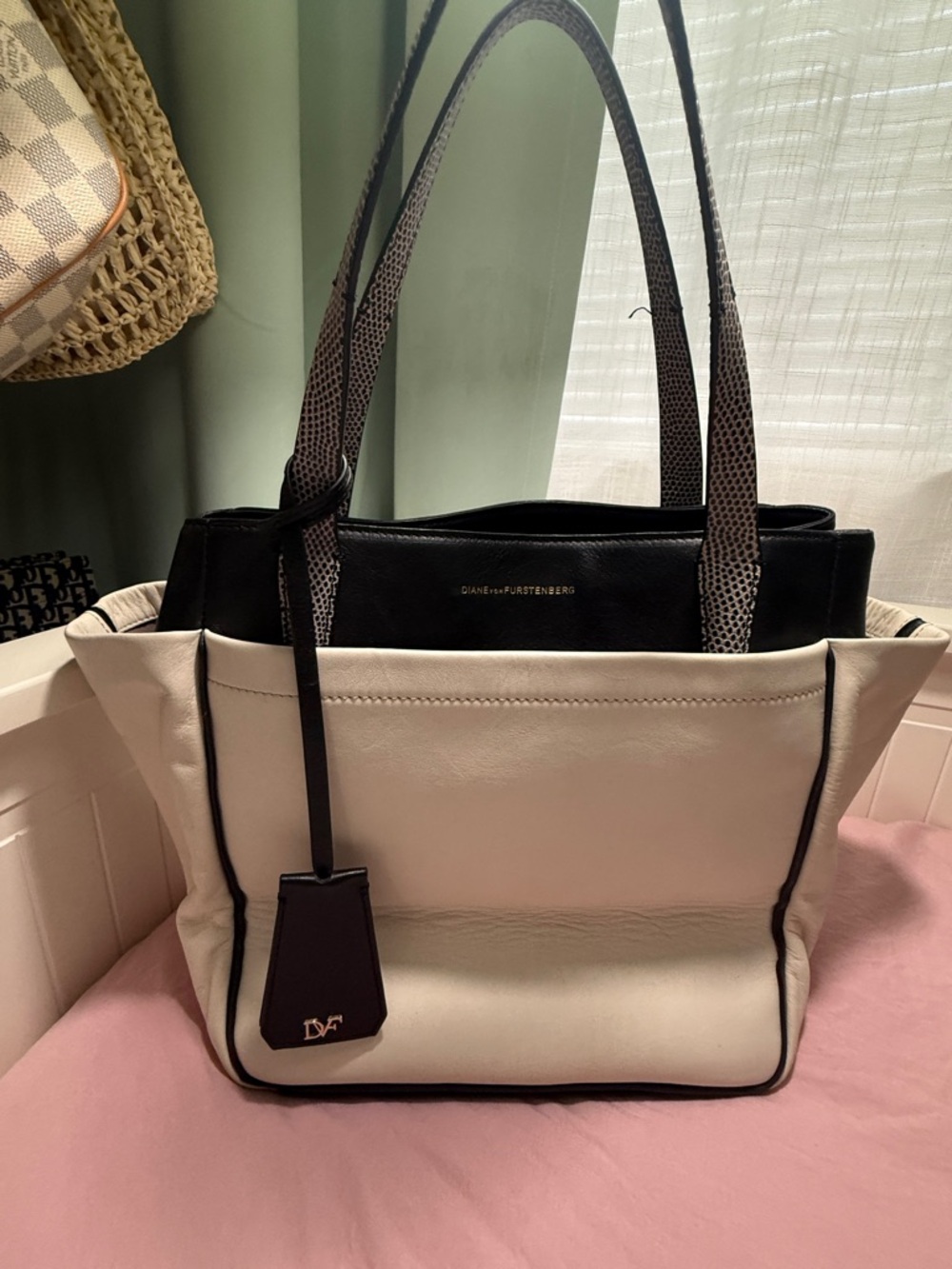 Diane von Furstenberg Cream and Black Leather Tote